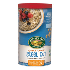 Nature's Path steel-cut oats canister showing resealable packaging for freshness.