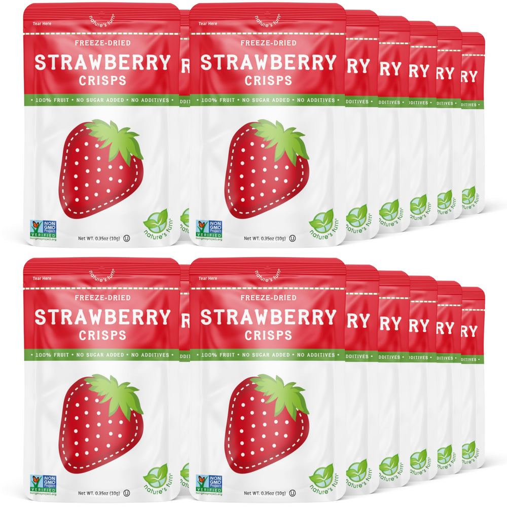Nature's Turn Freeze-Dried Strawberry Crisps pack shot showing 24 bags for convenient snacking
