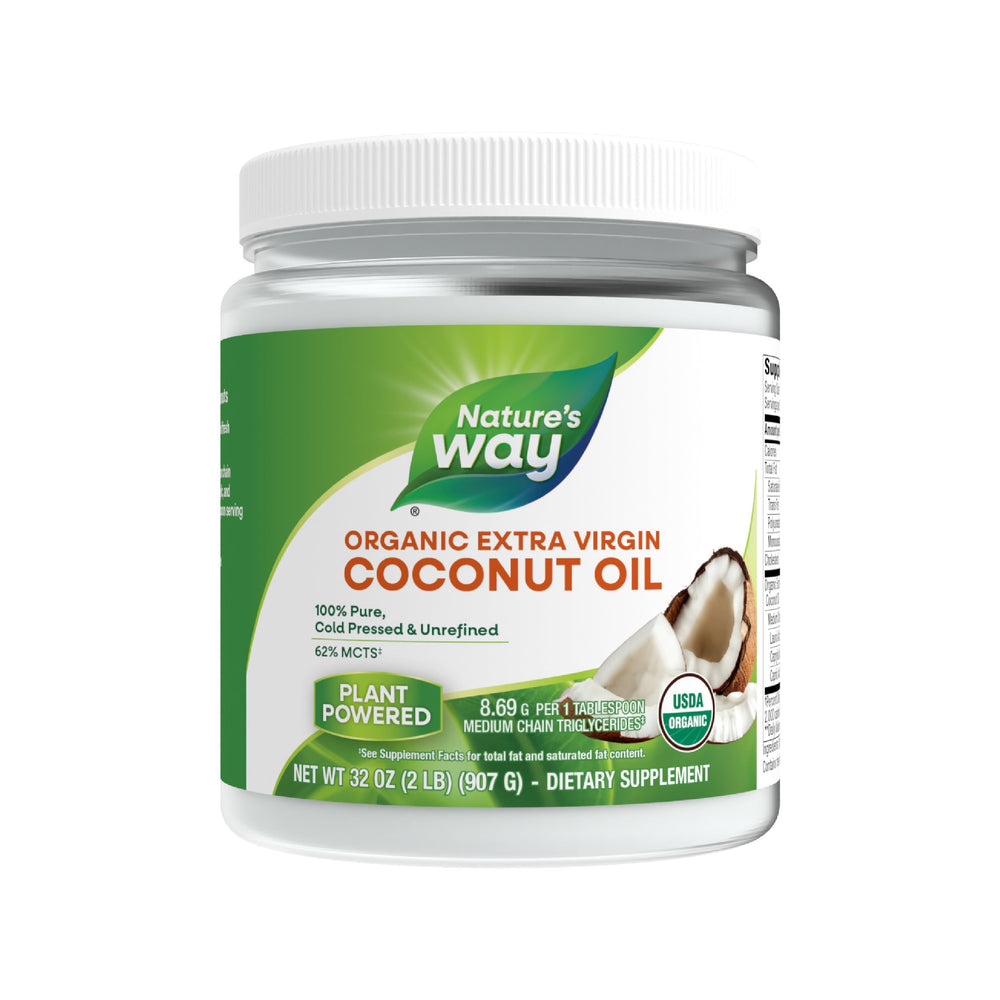 Nature's Way coconut oil bottle close-up highlights pure organic oil for versatile cooking.