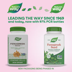 Close-up of Nature's Way Fenugreek Seed capsules highlights vegan and Non-GMO features.