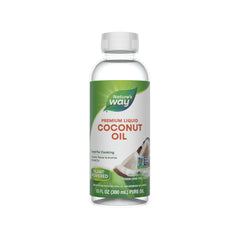Nature's Way Liquid Coconut Oil pour bottle highlighting rich aroma ideal for dressings.