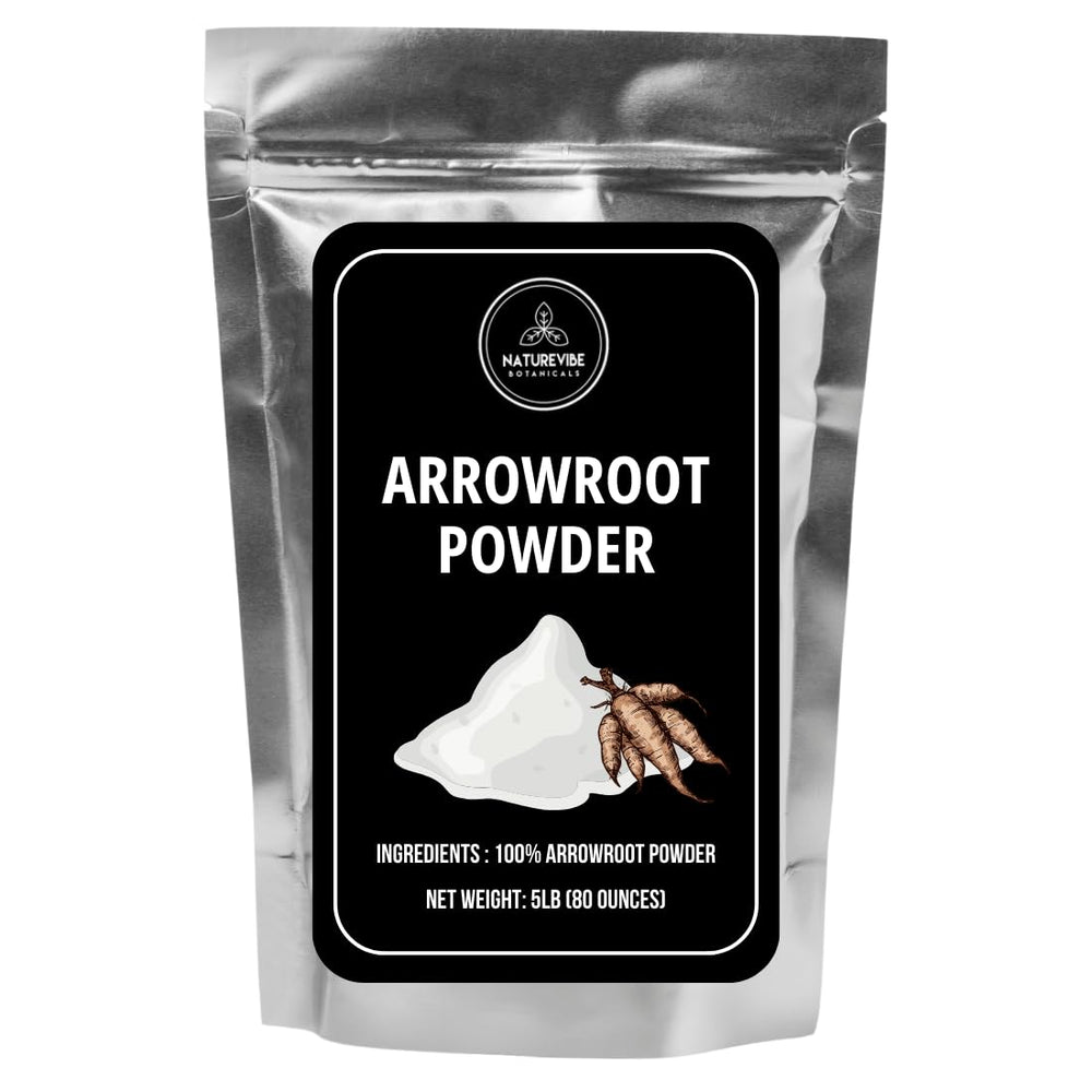 Naturevibe Arrowroot Powder bag open showing gluten-free thickening in sauces.