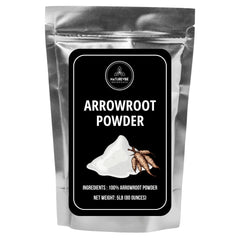 Naturevibe Arrowroot Powder bag open showing gluten-free thickening in sauces.