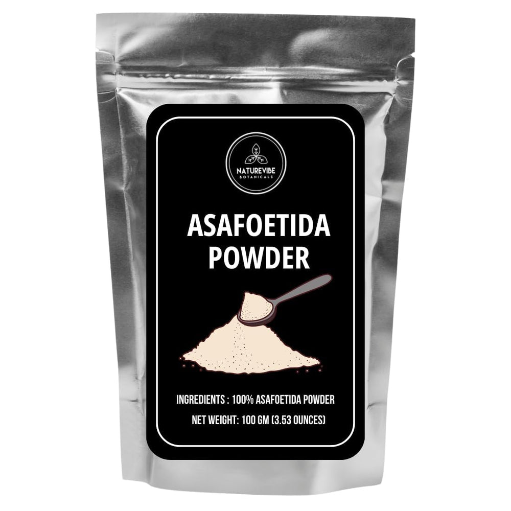 Naturevibe Botanicals hing powder bottle releasing authentic Indian aroma