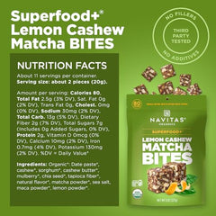 Ingredient view of Navitas Bites Lemn Cashew Matcha emphasizing cashews and matcha.