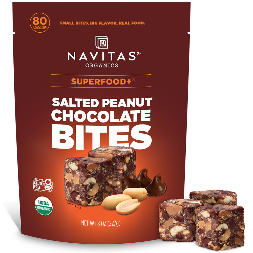Navitas Bites Salted Peanut Chocolate pack shot—convenient on-the-go snack for energy.