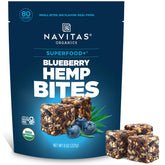 Navitas Organics Blueberry Hemp Power Snacks 8oz bag close-up, highlighting premium ingredients.