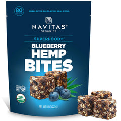Navitas Organics Blueberry Hemp Power Snacks 8oz bag close-up, highlighting premium ingredients.