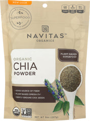Navitas Chia Seed Powder bottle shows premium sprouted chia for smoothies.