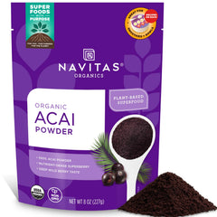Navitas Organics Acai Powder packaging shows organic freeze-dried berries for quick bowls