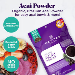 Navitas Organics Acai Powder being poured into a shaker to mix.