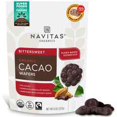 Navitas Organics bittersweet cacao wafers with 70% cacao for rich baking and snacking