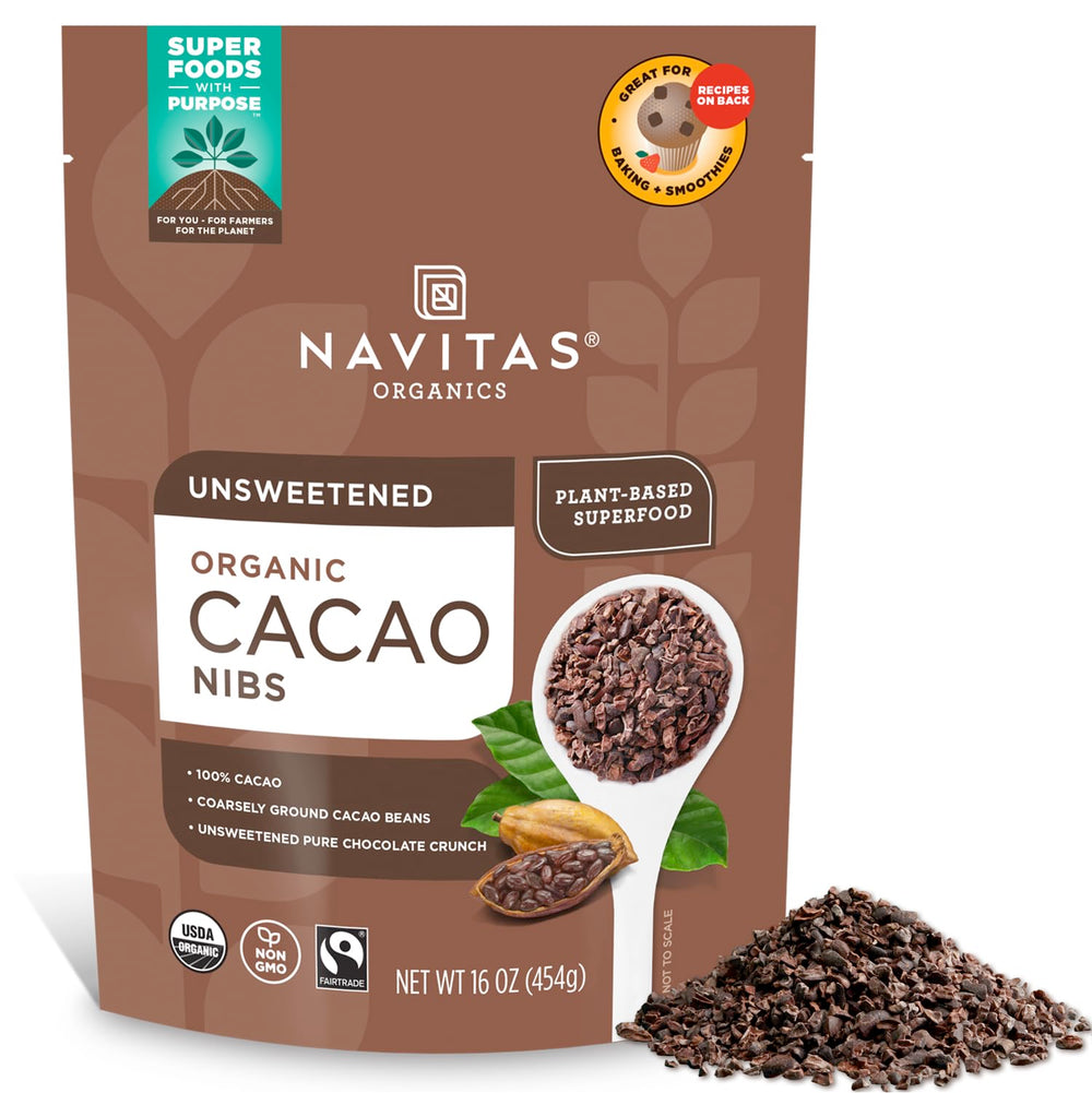 Navitas Organics cacao nibs sprinkled on yogurt for a crunchy unsweetened boost