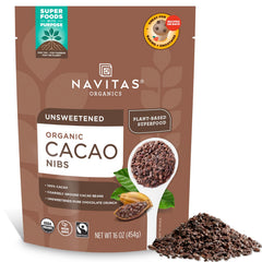 Navitas Organics cacao nibs sprinkled on yogurt for a crunchy unsweetened boost