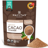 Navitas Organics cacao powder bag front for baking and hot chocolate.