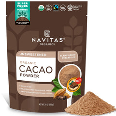 Navitas Organics cacao powder bag front for baking and hot chocolate.