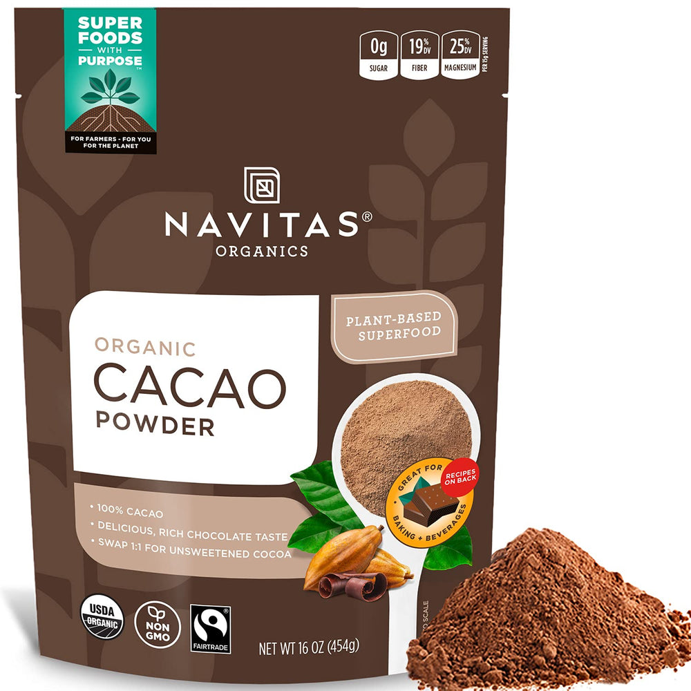Navitas Organics cacao powder bag with scoop, ideal for smoothies and baking.