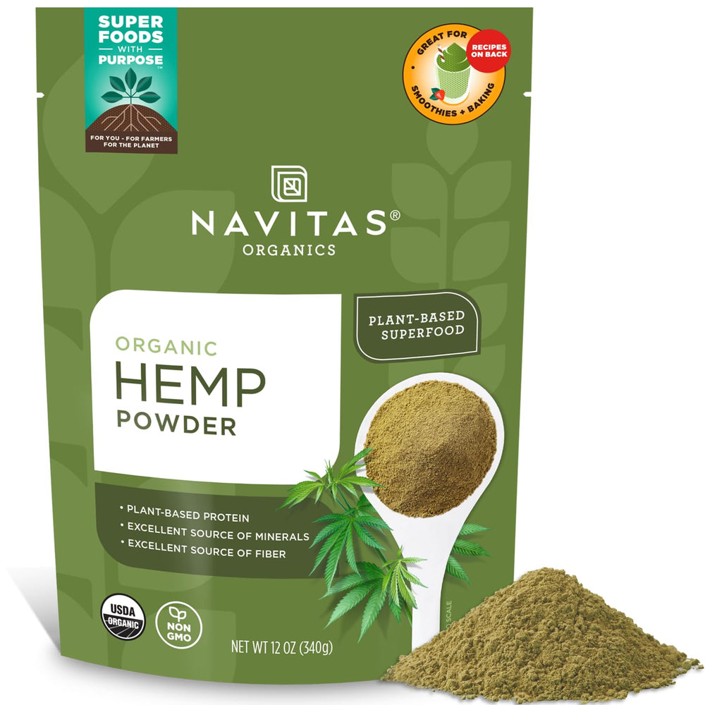 Navitas Organics hemp powder bag front view highlighting plant-based protein option for smoothies