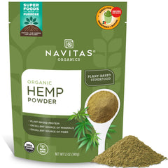 Navitas Organics hemp powder bag front view highlighting plant-based protein option for smoothies