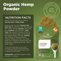 Navitas Organics hemp powder label closeup emphasizing 1-ingredient, cold-pressed hemp seeds