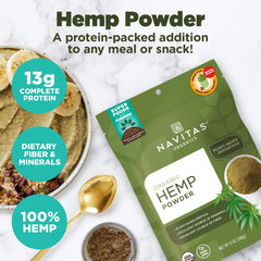 Navitas Organics hemp powder scoop beside bag for easy servings.
