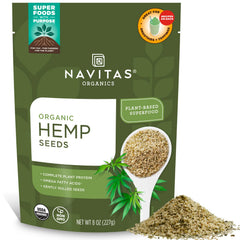 Navitas Organics hemp seeds bag front, versatile protein for smoothies and salads