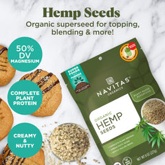 Navitas Organics hemp seeds on a salad bowl, adds complete protein and minerals