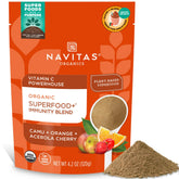 Navitas Organics Superfood+ Immunity Blend bottle on counter supports daily citrus-inspired nutrition