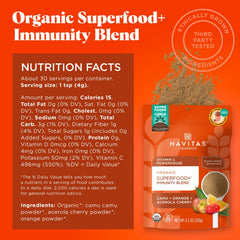 Navitas Organics Immunity Blend spoon-dispense close-up highlights convenient smoothie prep