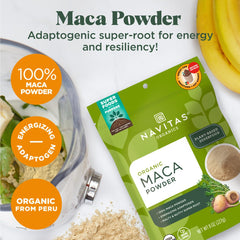 Navitas Organics Maca Powder jar with scoop, emphasizing easy daily use.
