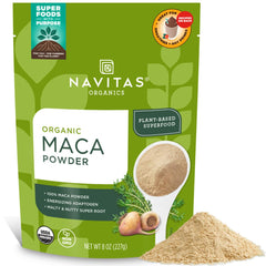 Navitas Organics Maca Powder pack shot highlighting its premium organic quality and versatility.