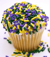 National Cake Supply jimmies on cupcakes brighten frosting tops.
