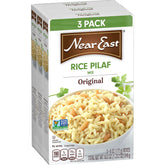 Near East Quaker Rice Pilaf Original box front, three-pack for quick meals