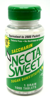 NECTA SWEET saccharin tablets in a bottle, convenient zero-calorie sweetener for drinks.