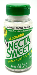 NECTA SWEET saccharin tablets in a bottle, convenient zero-calorie sweetener for drinks.
