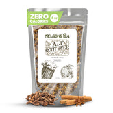 Nelson's Tea A&J's Root Beer packaging highlighting premium loose leaf blend for cozy afternoons.