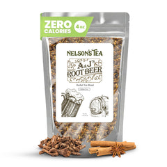 Nelson's Tea A&J's Root Beer packaging highlighting premium loose leaf blend for cozy afternoons.