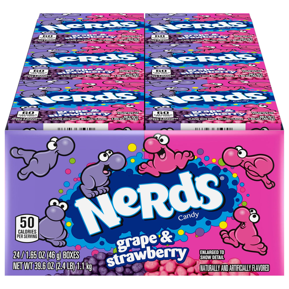 Nerds candy grape and strawberry 1.65oz boxes, ideal for sharing at gatherings.