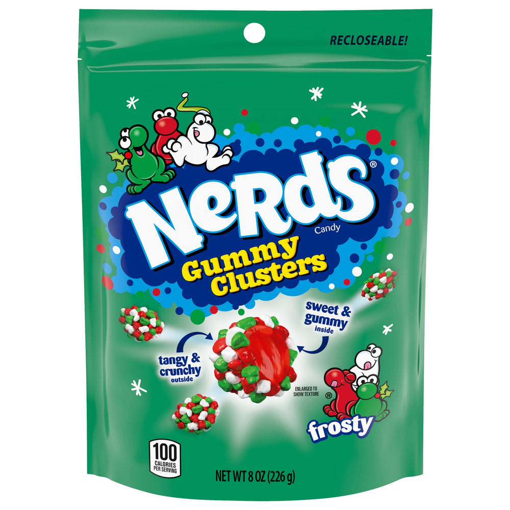 Nerds front pouch showing holiday packaging and resealable bag for easy sharing