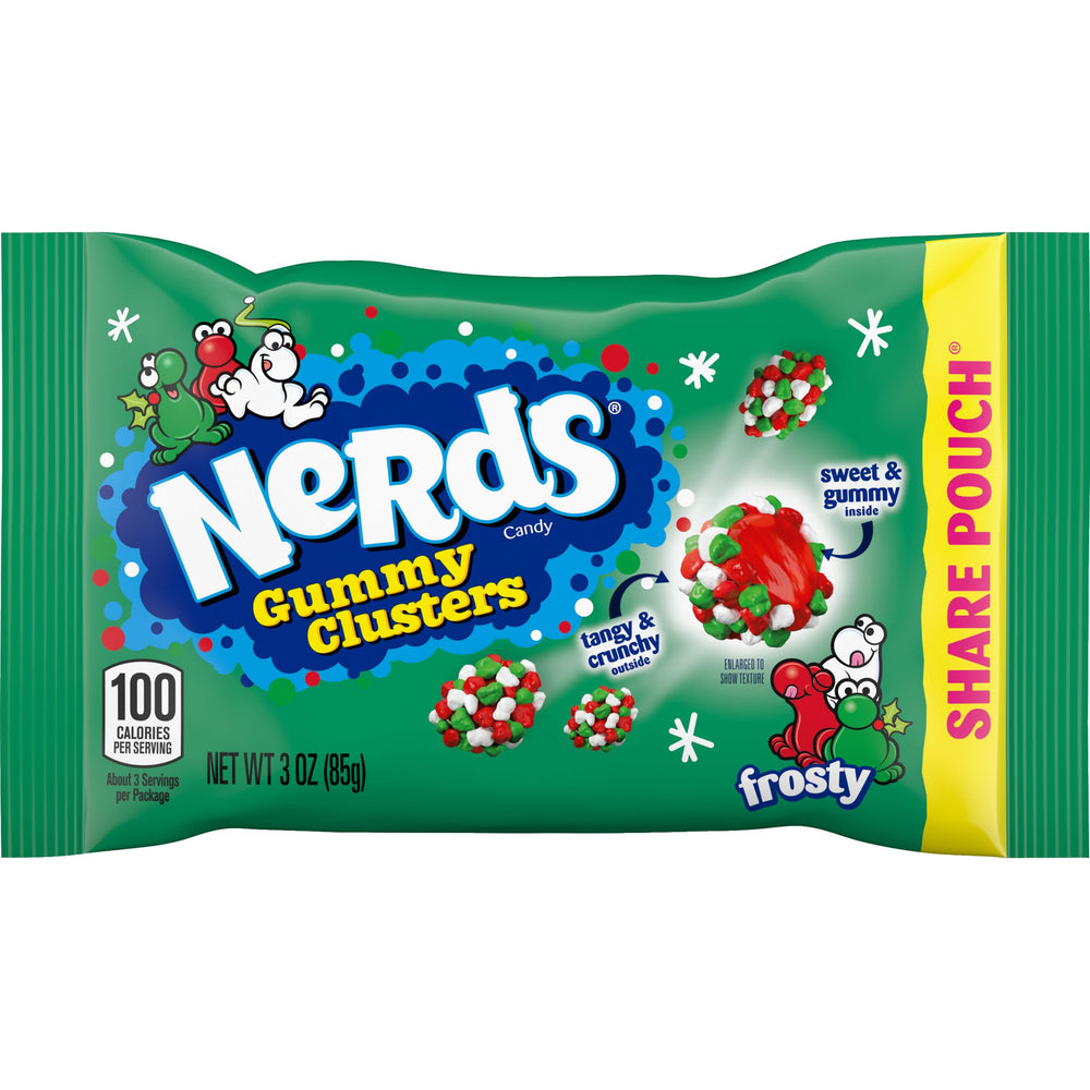 NERDS Frosty Gummy Clusters share pouch ready for holiday movie night.