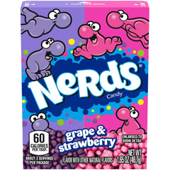 Nerds front box showing grape and strawberry flavors and portable convenience