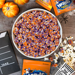 Nerds Spooky Gummy Clusters poured into a Halloween bowl for party display, festive serving convenience