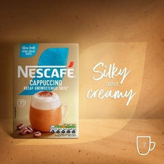 Close-up of NESCAFÉ Cappuccino Decaffeinated sachets showing quick, mess-free preparation.