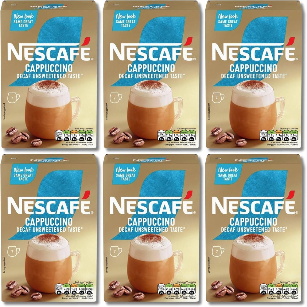 NESCAFÉ Cappuccino Decaffeinated sachets in a pack for convenient single-serve use.