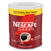 NESCAFÉ CLÁSICO dark roast canister with bold aroma for quick mornings.