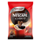 NESCAFÉ Clásico Dark Roast instant coffee bag highlighting bold aroma for quick mornings.