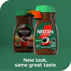 Close-up of NESCAFÉ CLÁSICO Decaf label showing convenient decaf option.