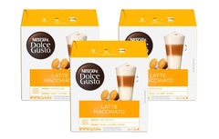 NESCAFÉ Dolce Gusto Latte Macchiato pods in a 3-pack, ready for home barista-style drinks.