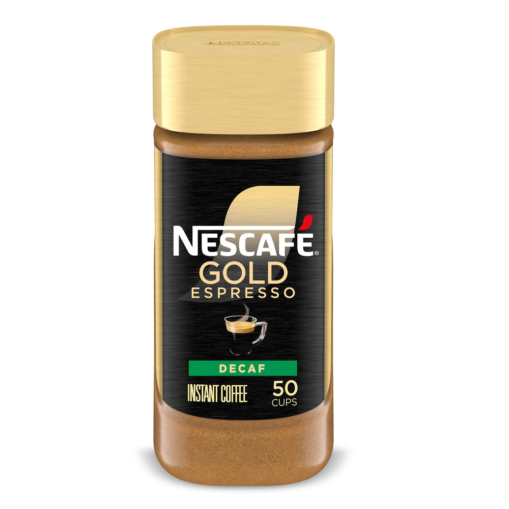NESCAFÉ Gold Decaf Espresso jar showing rich color and label for quick, cafe-style coffee.