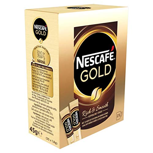 Nescafé Gold instant coffee packets in packaging provide quick premium aroma for mornings.
